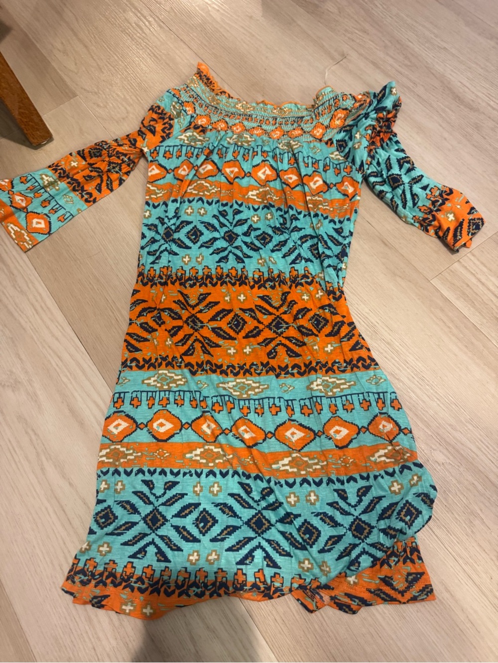 Roxy Turquoise & Orange Off-Shoulder Printed Long Sleeve Dress